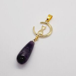 Amethyst Stone Teardrop Tibetan Gold Cat Pendant 2.5"